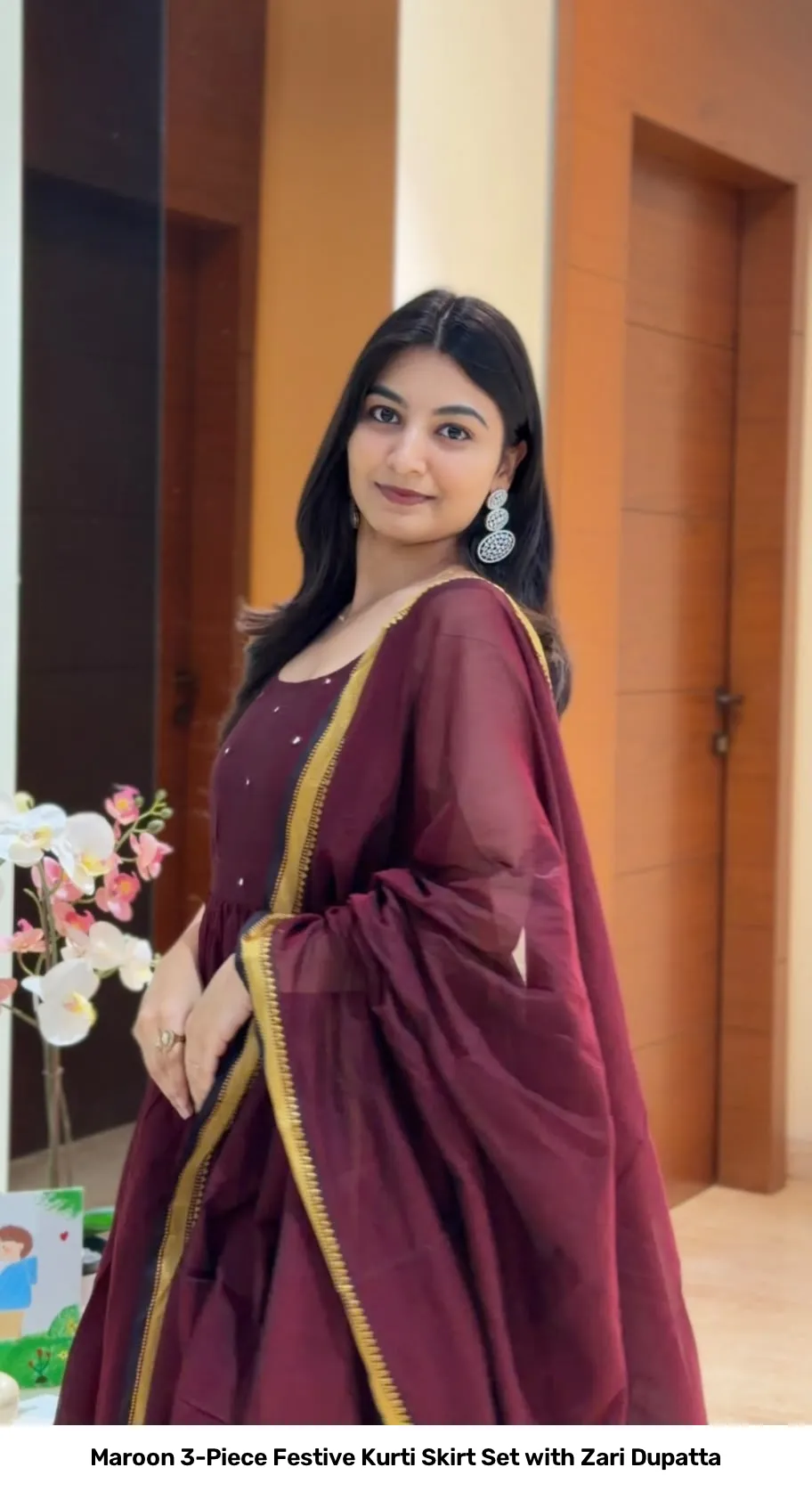 Maroon 3-Piece Festive Kurti Skirt Set with Zari Dupatta 2