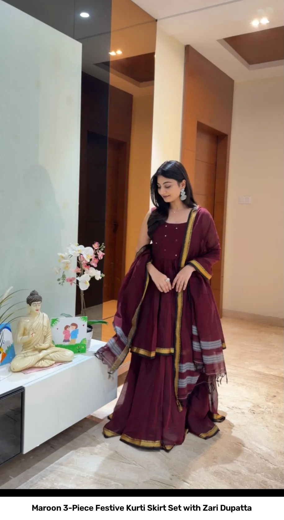 Maroon 3-Piece Festive Kurti Skirt Set with Zari Dupatta 3