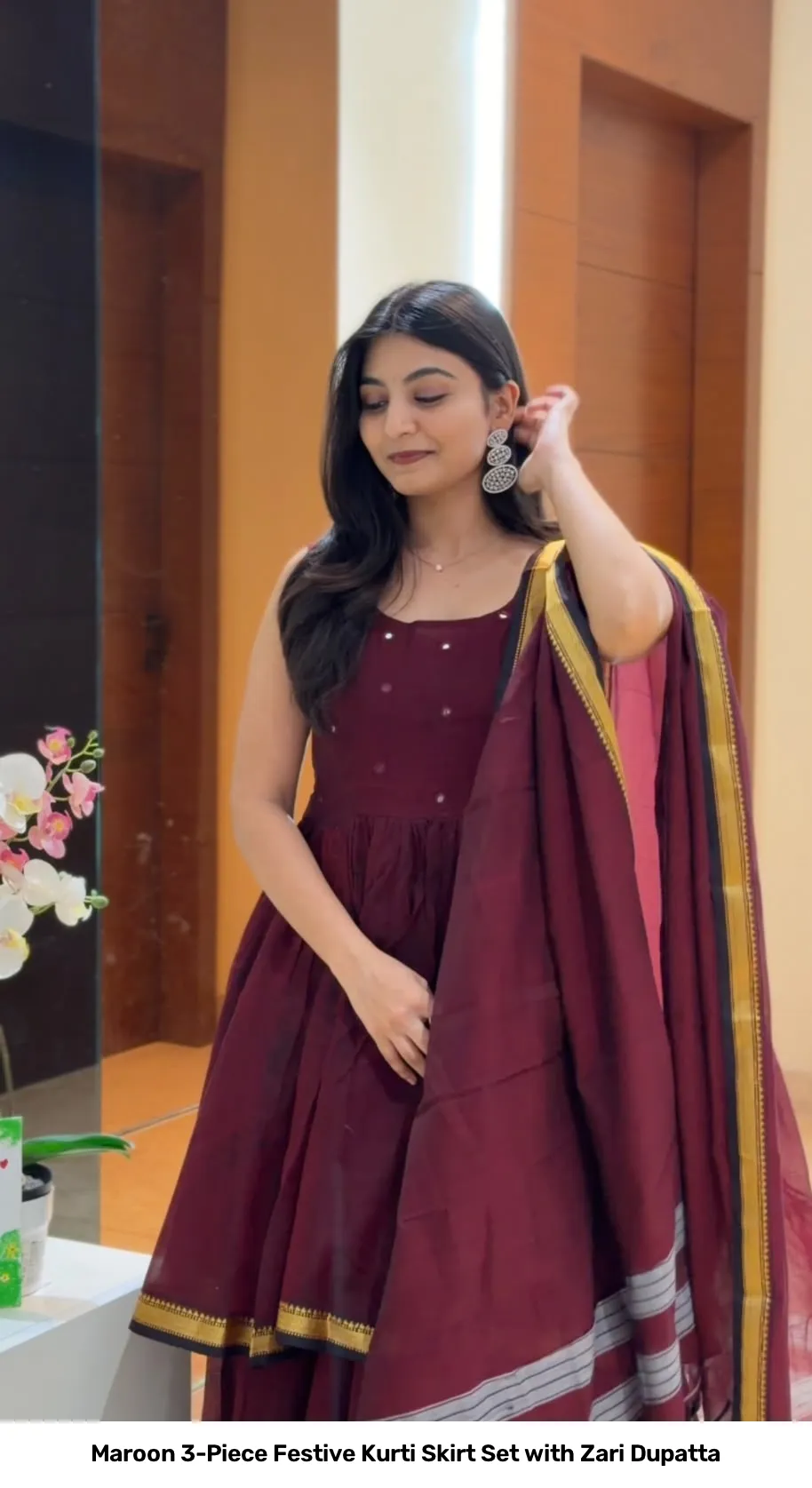 Maroon 3-Piece Festive Kurti Skirt Set with Zari Dupatta 4