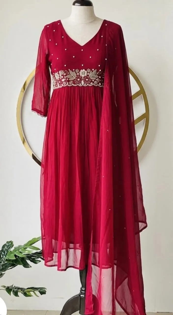 Maroon Belted Embroidered Anarkali Suit Set