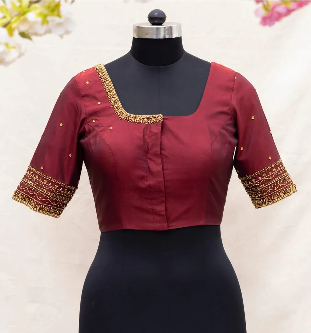 Maroon Deep U-Back Silk Blouse with Gold Maggam Work