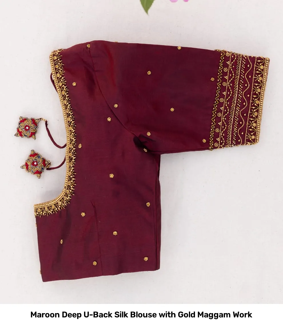 Maroon Deep U-Back Silk Blouse with Gold Maggam Work 2