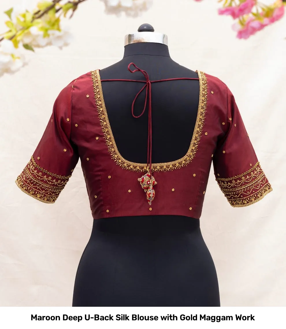 Maroon Deep U-Back Silk Blouse with Gold Maggam Work 3