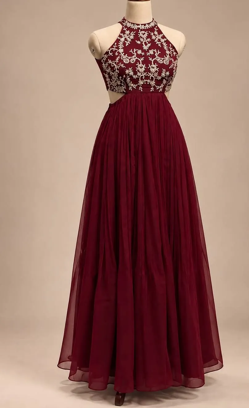 Maroon Georgette Halter Neck Cut-Out Gown | Hand-Embroidered Zari Bodice Flared Floor-Length Maxi Dress
