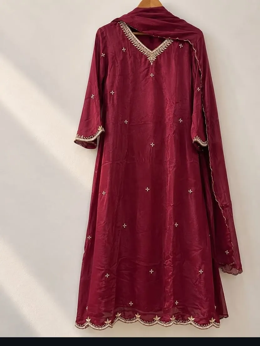 Maroon Hand-Embroidered Anarkali Suit with Dupatta
