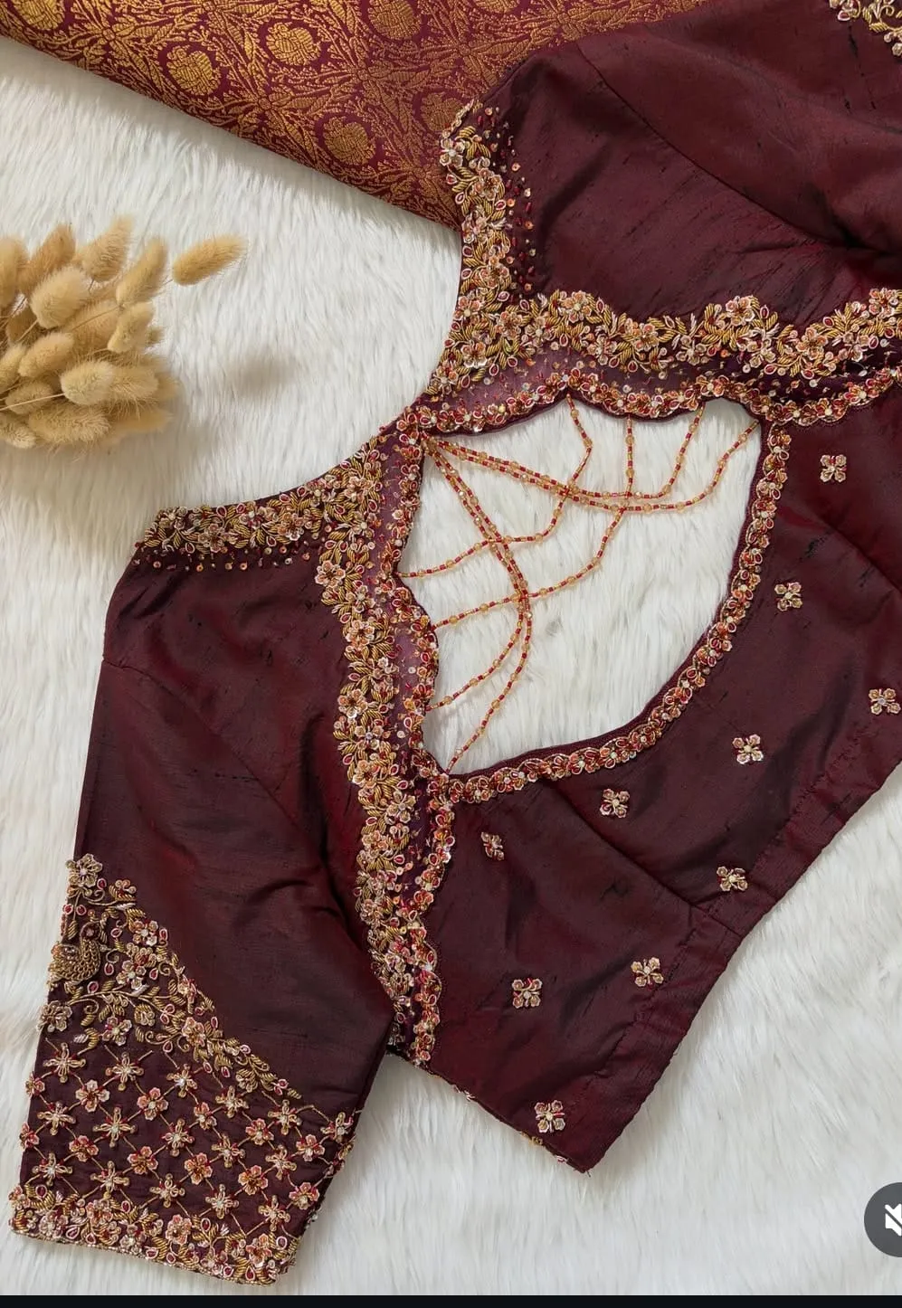 Maroon Handcrafted Peacock Maggam Work Silk Blouse | Jaal Embroidery Bridal Back Dori Blouse
