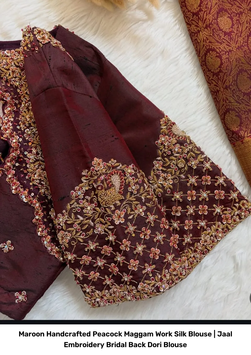Maroon Handcrafted Peacock Maggam Work Silk Blouse | Jaal Embroidery Bridal Back Dori Blouse 2