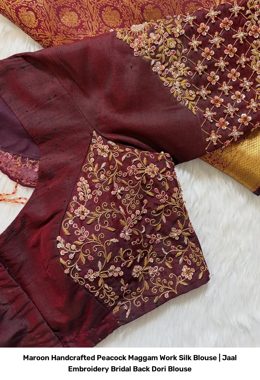 Maroon Handcrafted Peacock Maggam Work Silk Blouse | Jaal Embroidery Bridal Back Dori Blouse 3