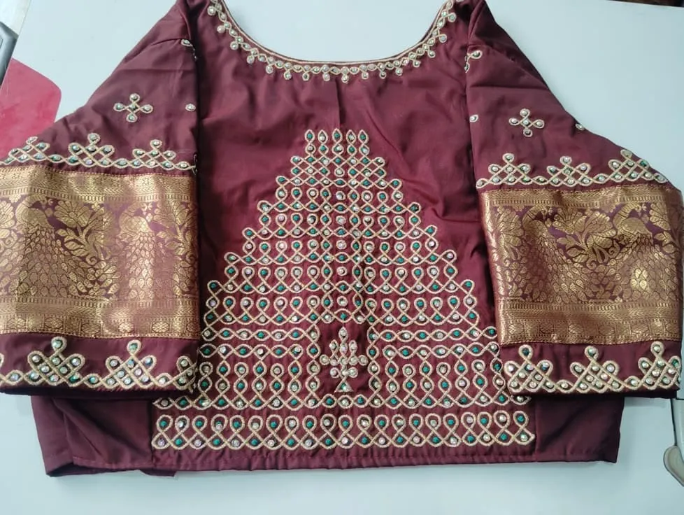 Maroon Mirror Work Silk Readymade Saree Blouse with Zari Border