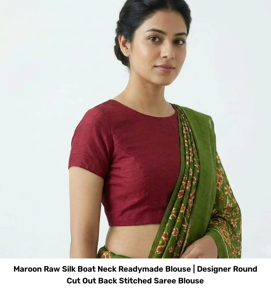 Maroon Raw Silk Boat Neck Readymade Blouse | Designer Round Cut Out Back Stitched Saree Blouse 2