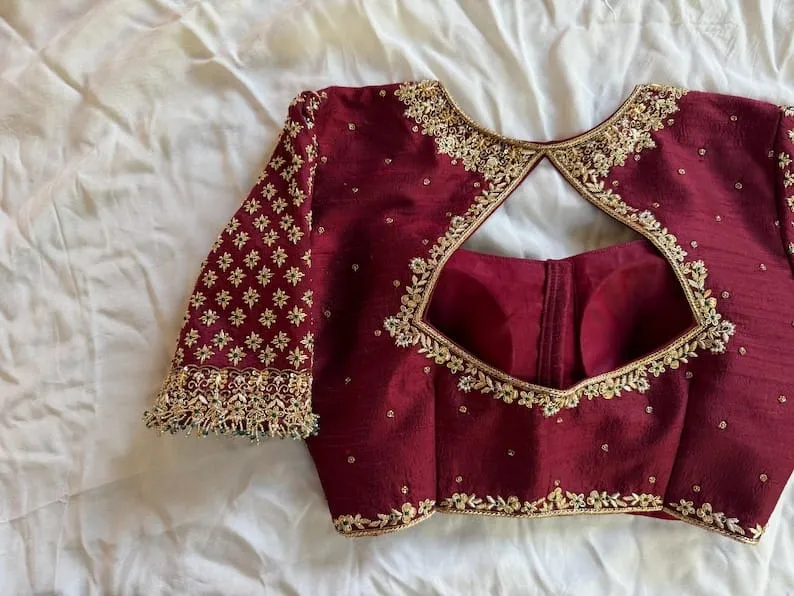 Maroon Raw Silk Bridal Blouse | Handcrafted Zardozi & Aari Work Blouse with Cutout Neckline