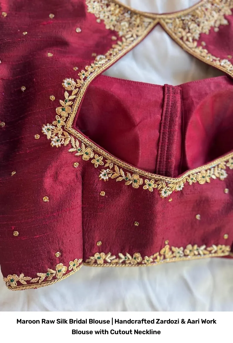 Maroon Raw Silk Bridal Blouse | Handcrafted Zardozi & Aari Work Blouse with Cutout Neckline 2