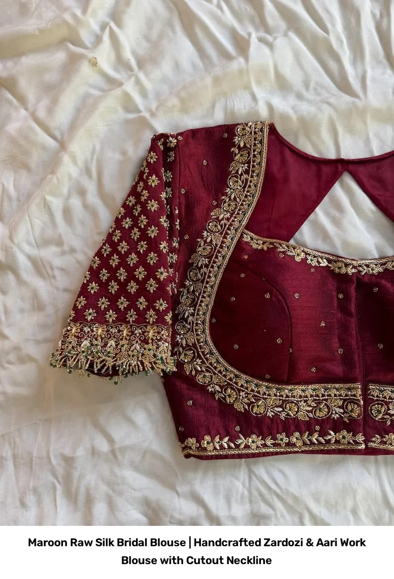 Maroon Raw Silk Bridal Blouse | Handcrafted Zardozi & Aari Work Blouse with Cutout Neckline 3