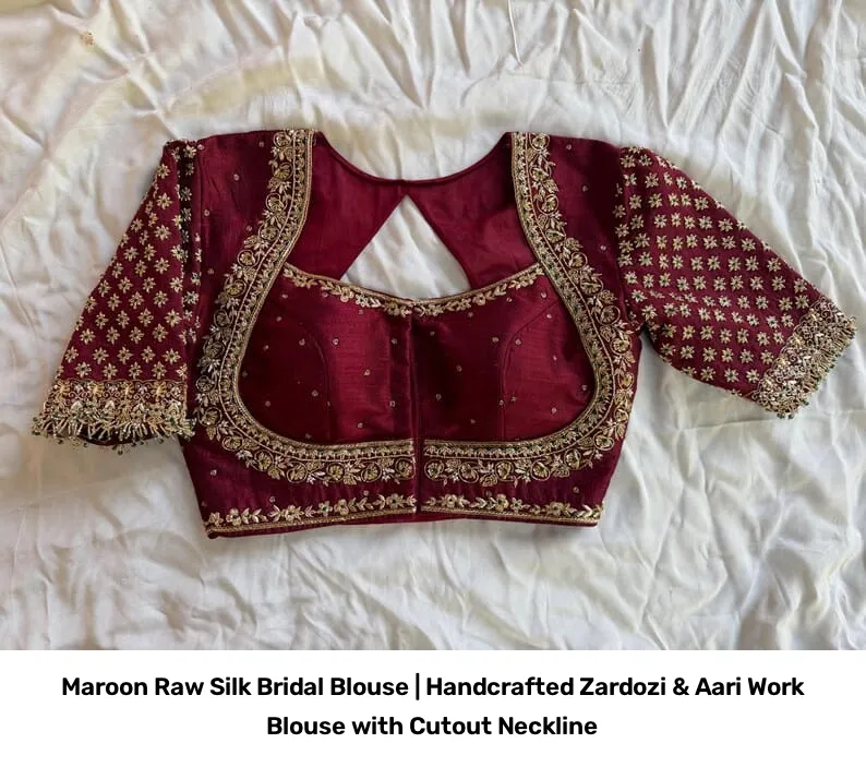 Maroon Raw Silk Bridal Blouse | Handcrafted Zardozi & Aari Work Blouse with Cutout Neckline 4