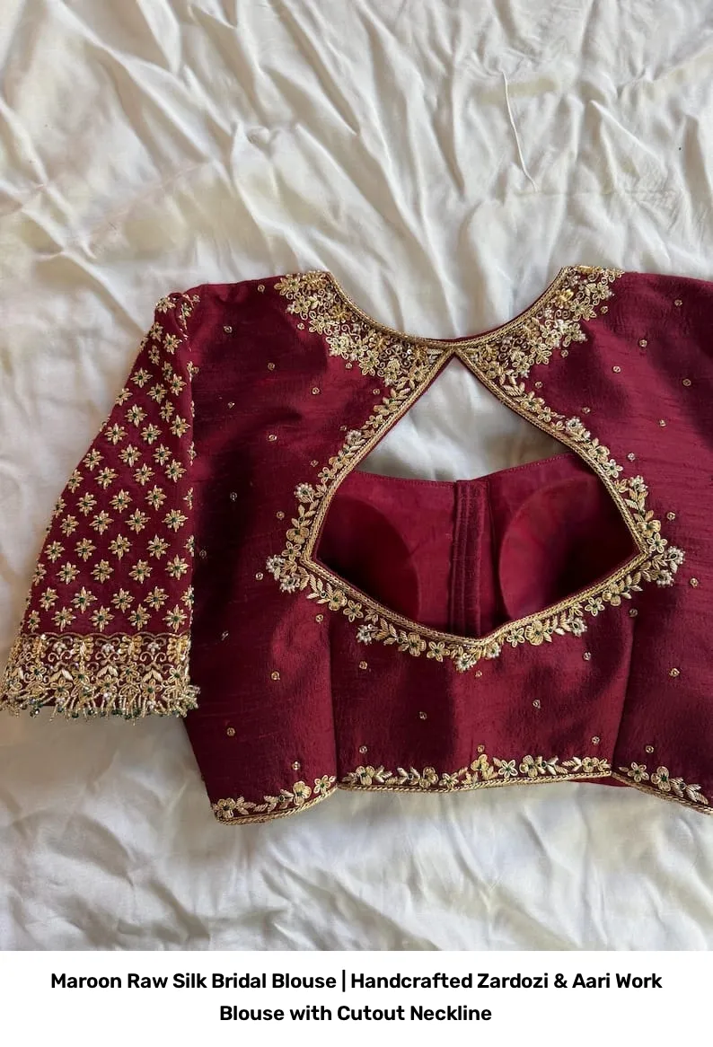 Maroon Raw Silk Bridal Blouse | Handcrafted Zardozi & Aari Work Blouse with Cutout Neckline 5