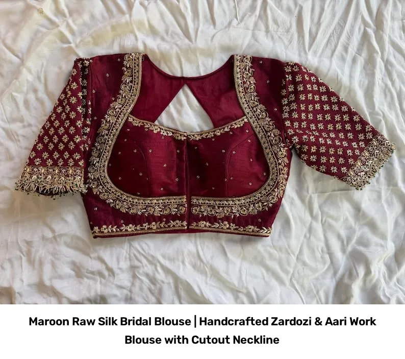 Maroon Raw Silk Bridal Blouse | Handcrafted Zardozi & Aari Work Blouse with Cutout Neckline 6