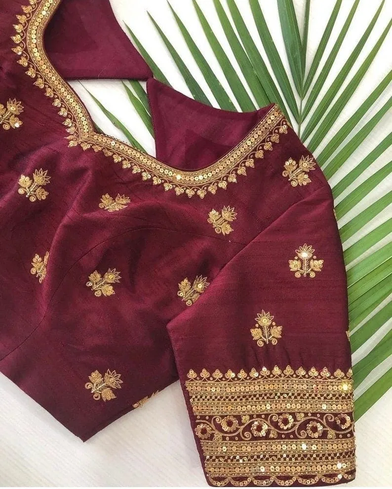 Maroon Raw Silk Bridal Blouse with Gold Sequin Maggam Border & Butti Work | Wholesale Best Price