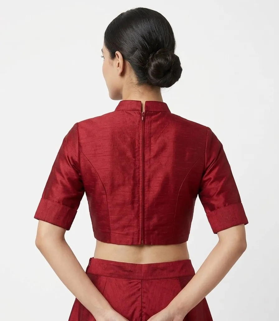 Maroon Raw Silk Collar Neck Readymade Blouse – Elbow Sleeve High Neck Blouse for Saree & Lehenga