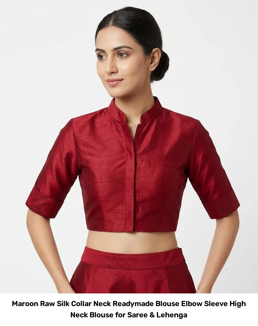 Maroon Raw Silk Collar Neck Readymade Blouse – Elbow Sleeve High Neck Blouse for Saree & Lehenga 2