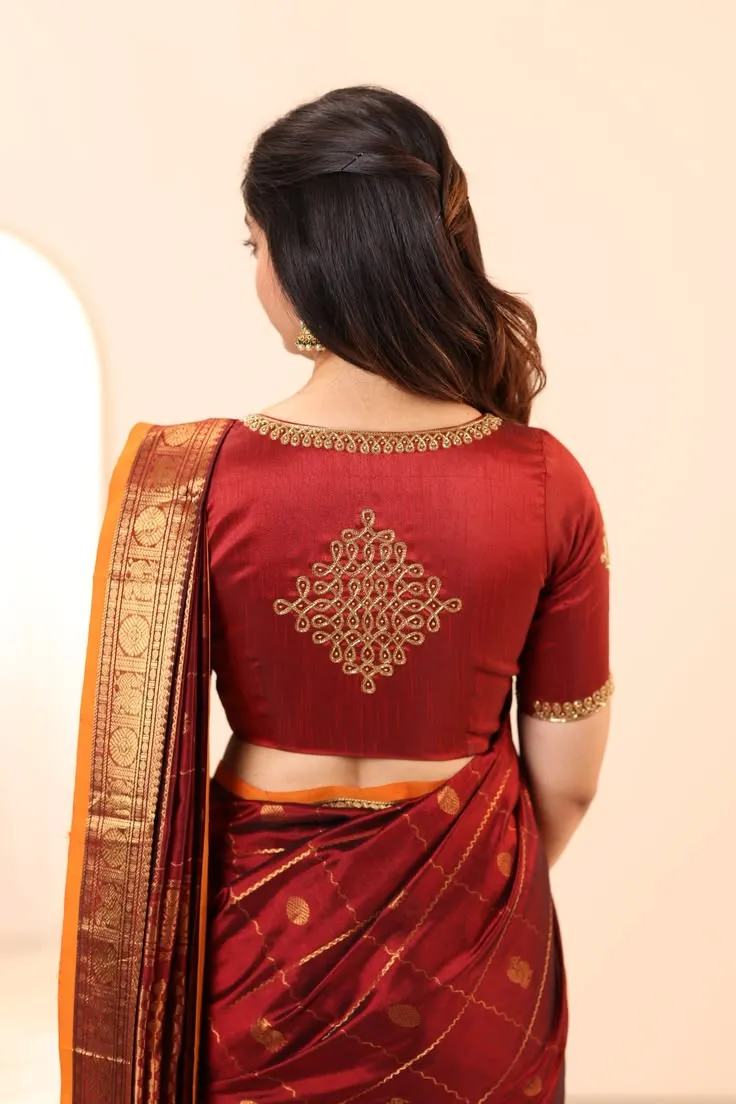 Maroon Raw Silk Readymade Blouse with Back kollam Zari Motif