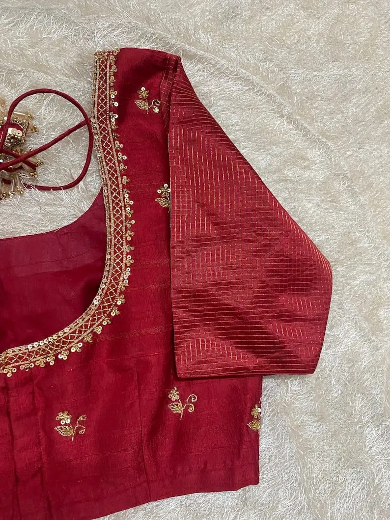 Maroon Raw Silk Readymade Blouse with Zari Border Neckline & Striped Sleeves | Bridal Saree Blouse