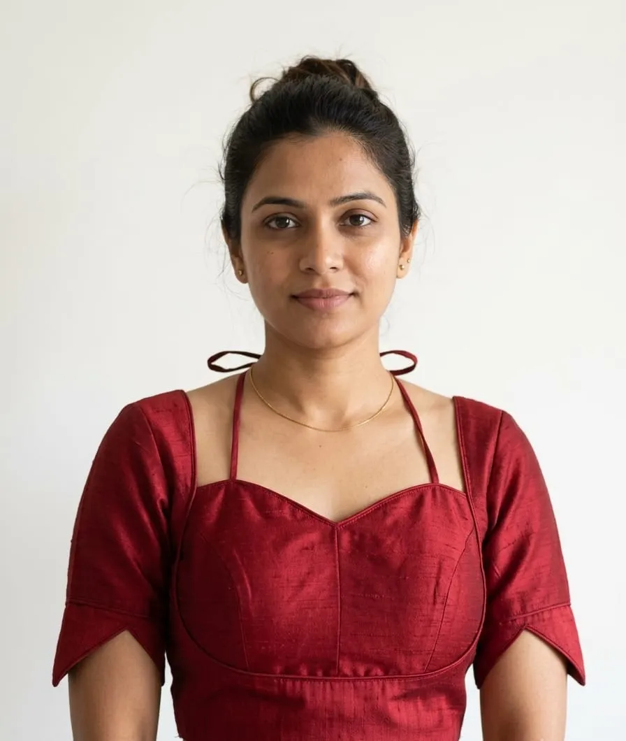 Maroon Raw Silk Readymade Saree Blouse – Sweetheart Neck Tulip Petal Sleeve Choli with Back Dori Tie-Up