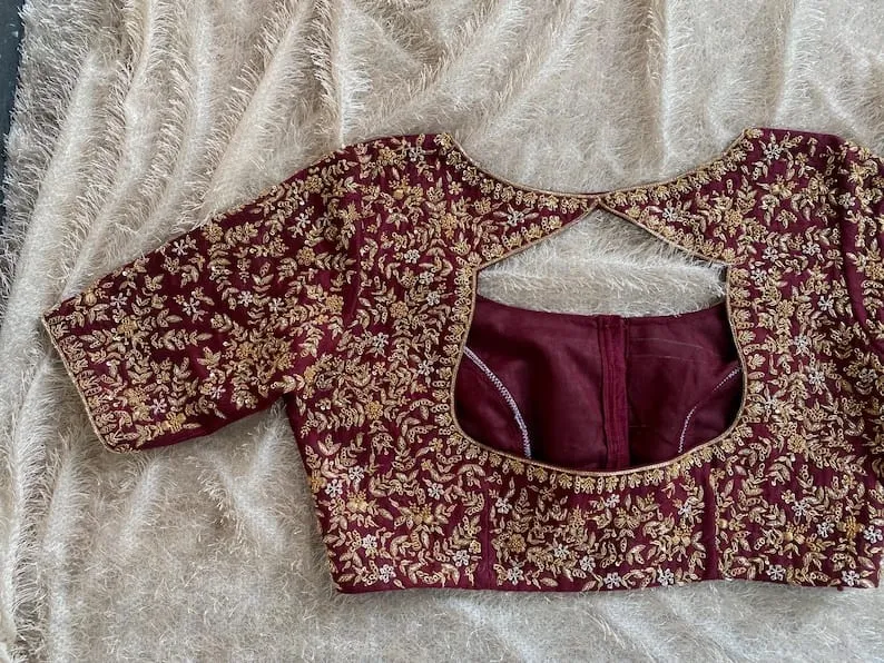Maroon Silk Bridal Maggam Work Blouse | Heavy All-Over Floral Zardozi Hand Embroidered Saree Blouse