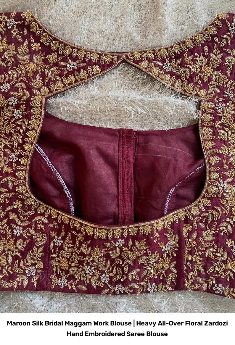 Maroon Silk Bridal Maggam Work Blouse | Heavy All-Over Floral Zardozi Hand Embroidered Saree Blouse 2