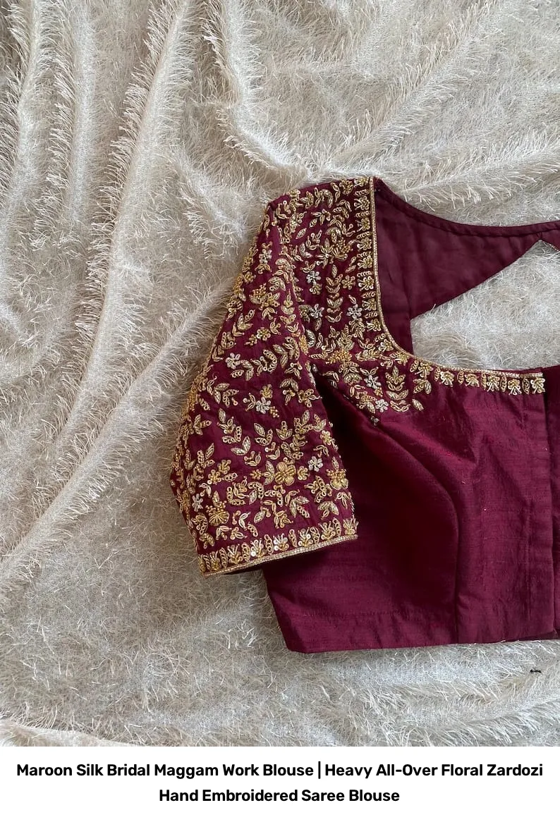Maroon Silk Bridal Maggam Work Blouse | Heavy All-Over Floral Zardozi Hand Embroidered Saree Blouse 3