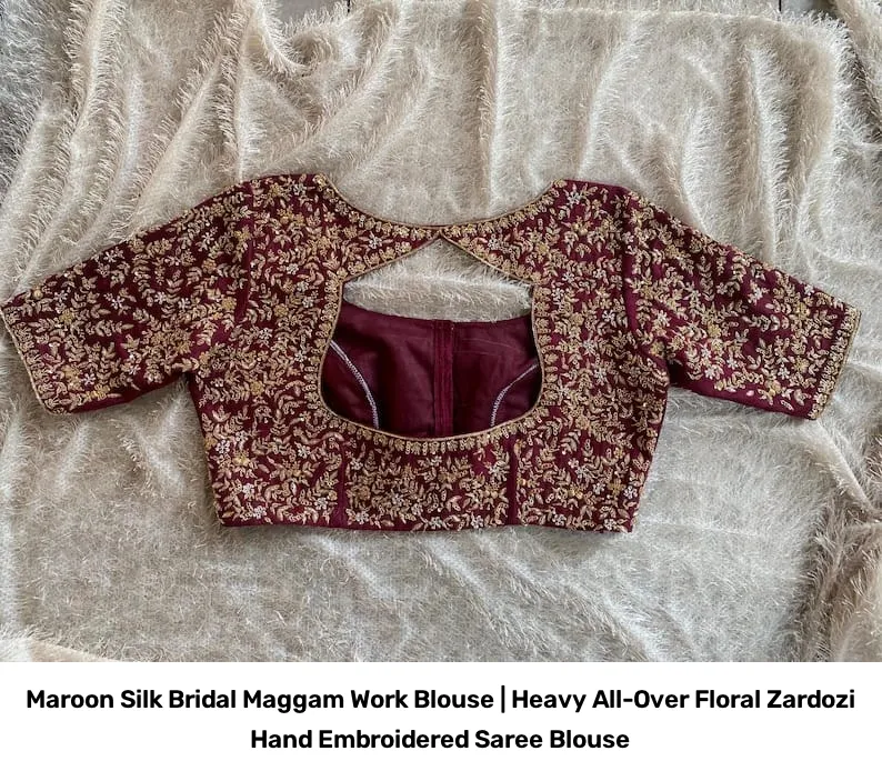 Maroon Silk Bridal Maggam Work Blouse | Heavy All-Over Floral Zardozi Hand Embroidered Saree Blouse 4