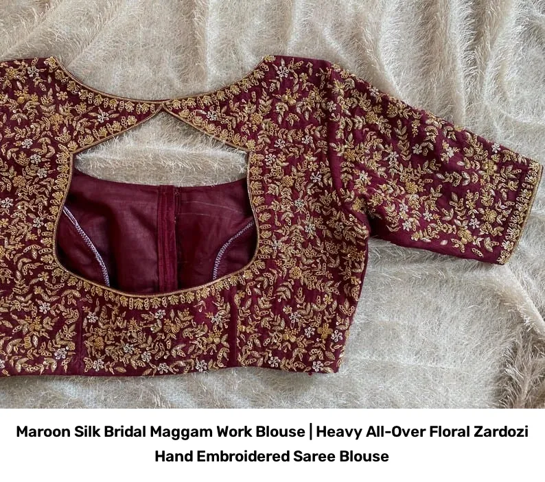 Maroon Silk Bridal Maggam Work Blouse | Heavy All-Over Floral Zardozi Hand Embroidered Saree Blouse 5