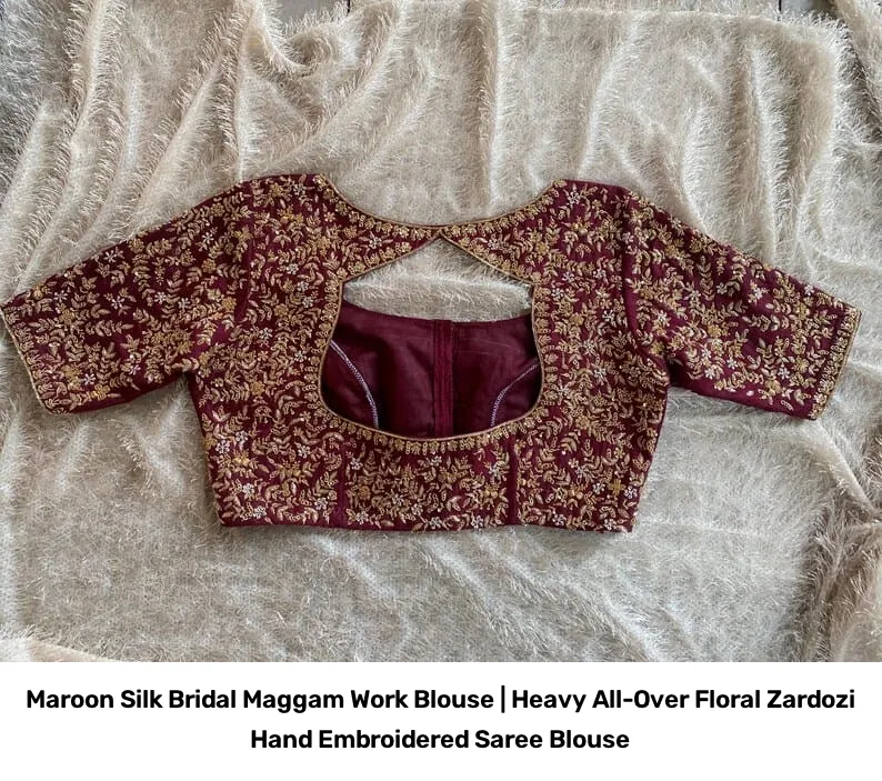 Maroon Silk Bridal Maggam Work Blouse | Heavy All-Over Floral Zardozi Hand Embroidered Saree Blouse 6