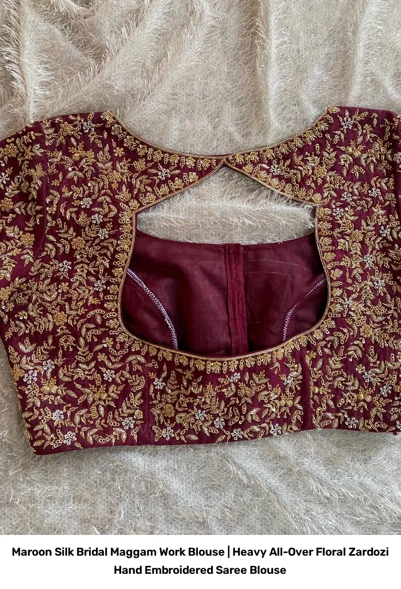 Maroon Silk Bridal Maggam Work Blouse | Heavy All-Over Floral Zardozi Hand Embroidered Saree Blouse 7