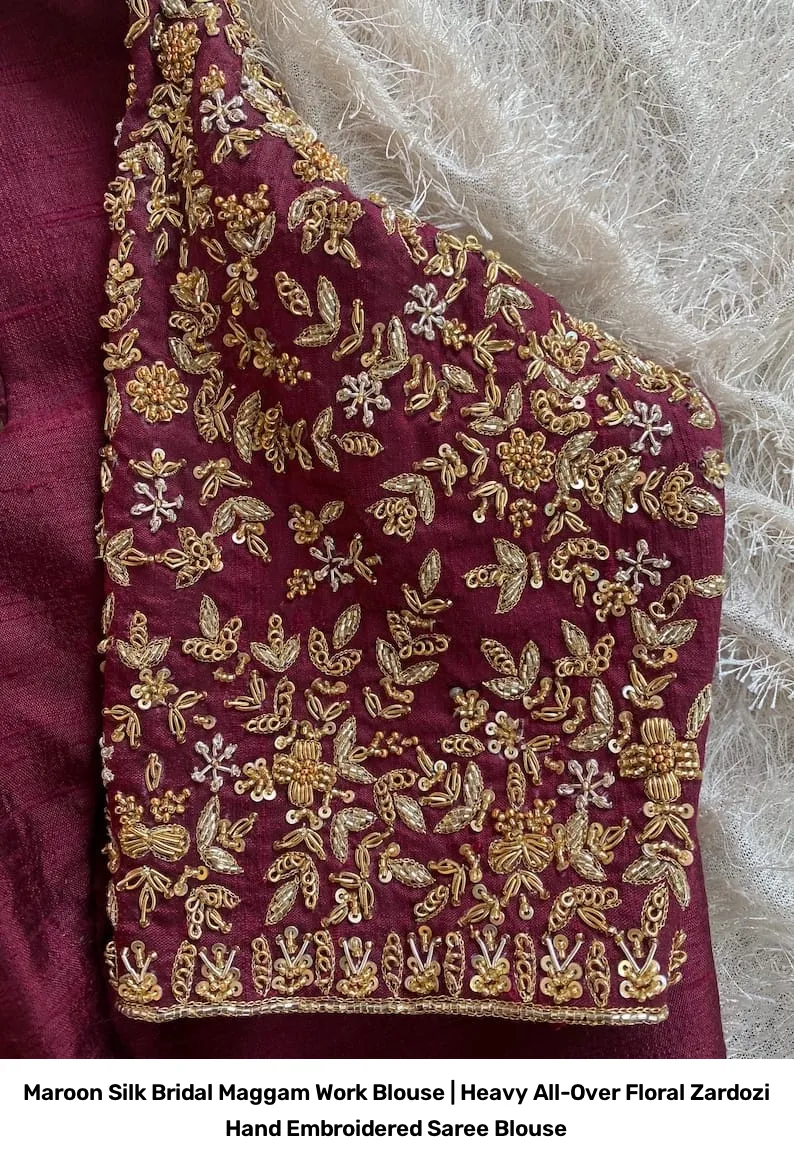 Maroon Silk Bridal Maggam Work Blouse | Heavy All-Over Floral Zardozi Hand Embroidered Saree Blouse 8
