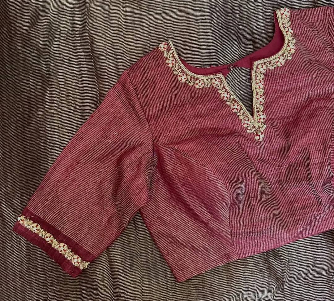 Maroon Textured Silk Readymade Saree Blouse | Slit V-Neck Embroidered Designer Blouse