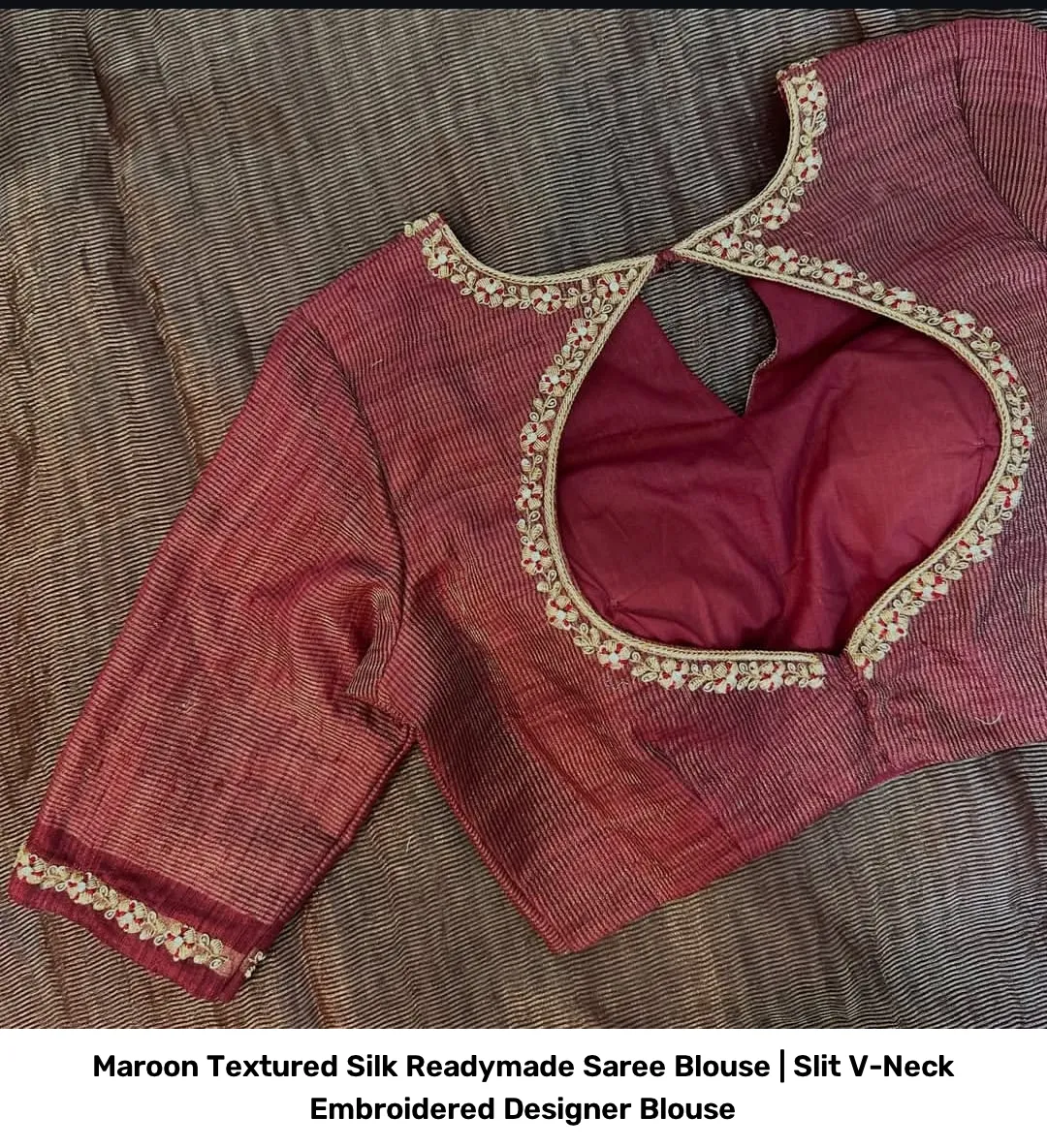 Maroon Textured Silk Readymade Saree Blouse | Slit V-Neck Embroidered Designer Blouse 2