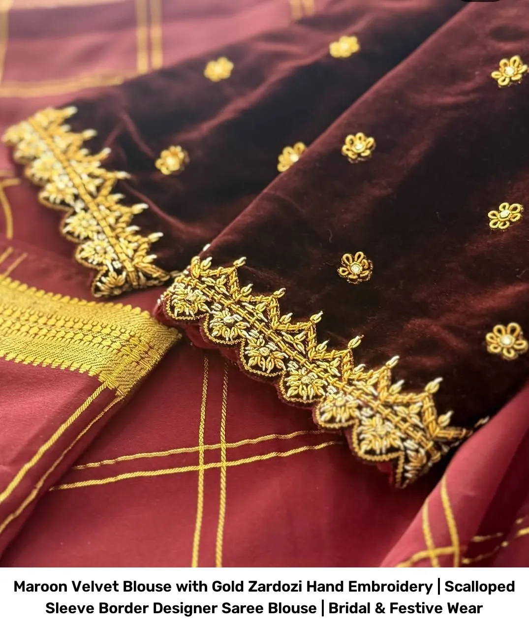 Maroon Velvet Blouse with Gold Zardozi Hand Embroidery | Scalloped Sleeve Border Designer Saree Blouse | Bridal & Festive Wear 2