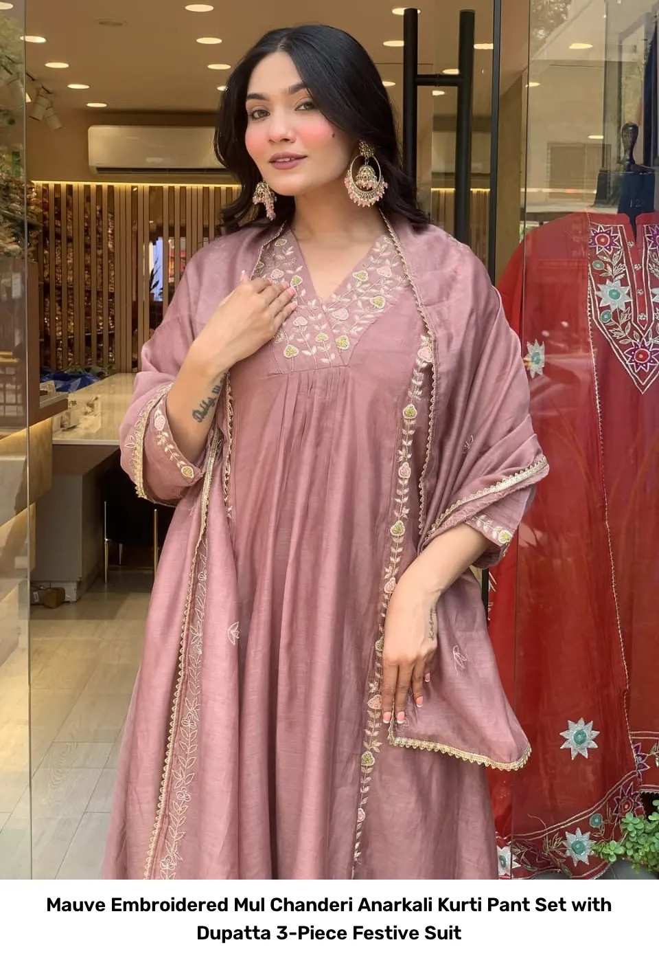 Mauve Embroidered Mul Chanderi Anarkali Kurti Pant Set with Dupatta – 3-Piece Festive Suit 2