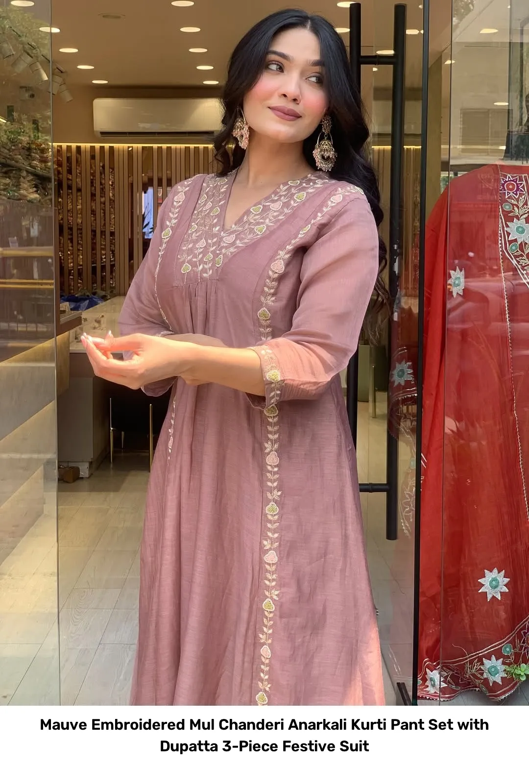 Mauve Embroidered Mul Chanderi Anarkali Kurti Pant Set with Dupatta – 3-Piece Festive Suit 3