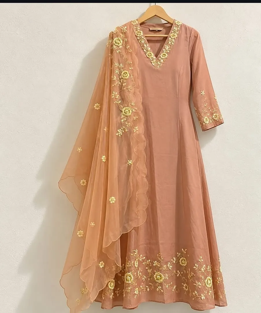 Mauve Hand-Embroidered Anarkali Suit with Dupatta