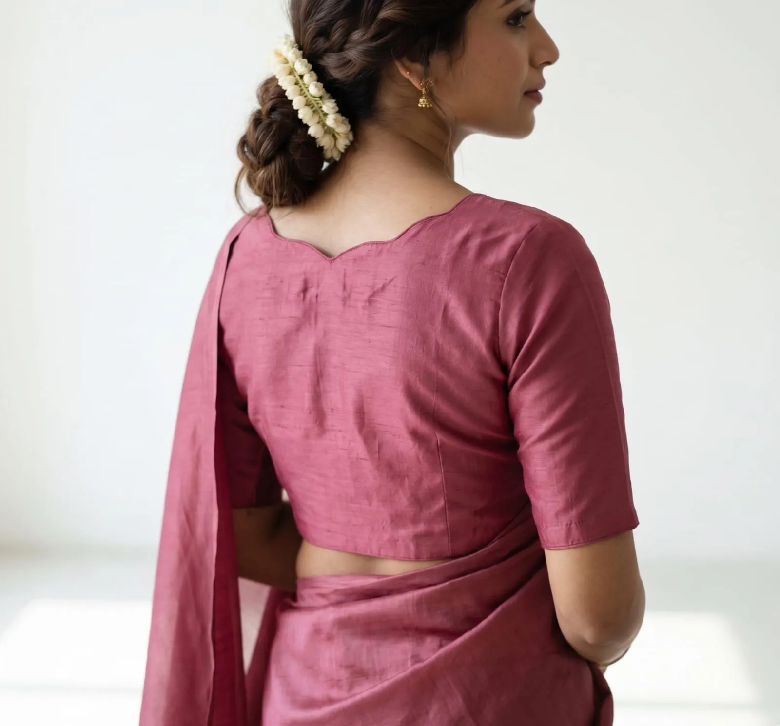 Mauve Pink Scallop Neck Raw Silk Readymade Blouse