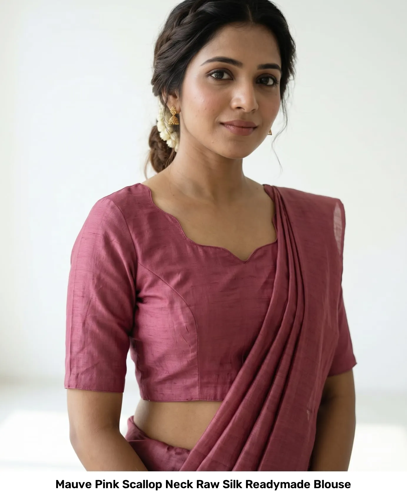 Mauve Pink Scallop Neck Raw Silk Readymade Blouse 2