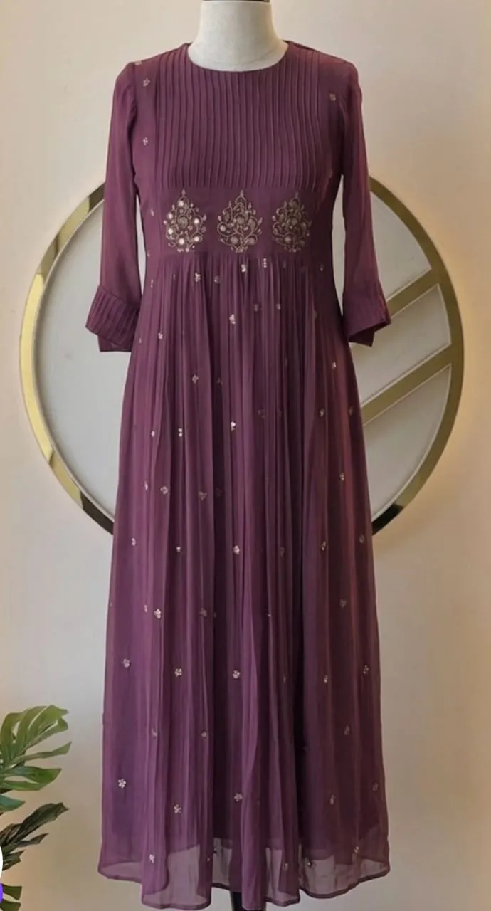 Mauve Pleated Embroidered Long Frock