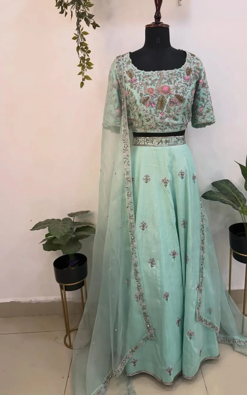 Mint Green Heavy Maggam Work Bridal Lehenga Set