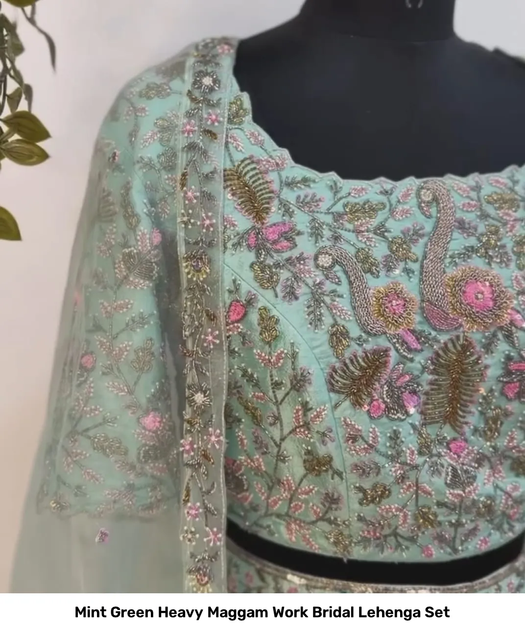Mint Green Heavy Maggam Work Bridal Lehenga Set 2