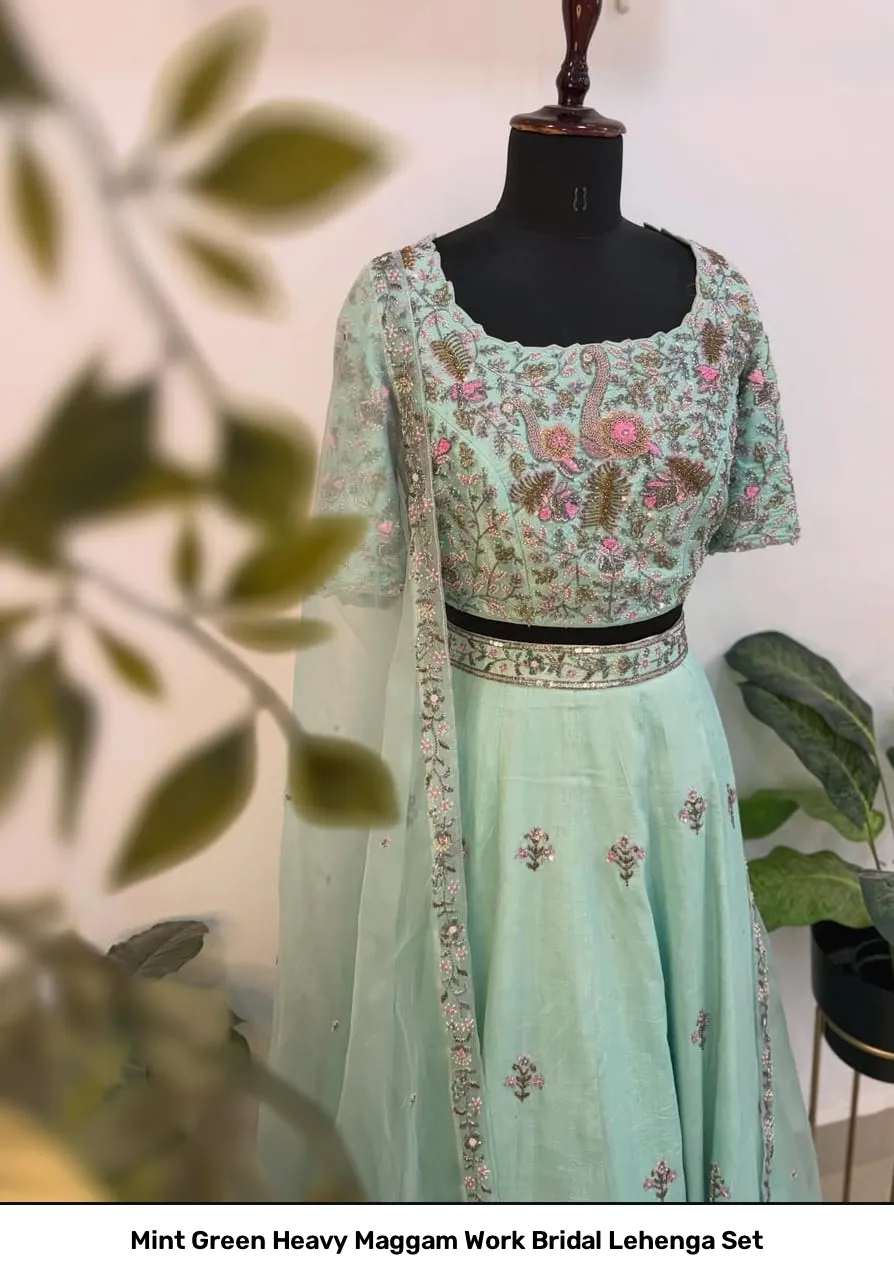 Mint Green Heavy Maggam Work Bridal Lehenga Set 3