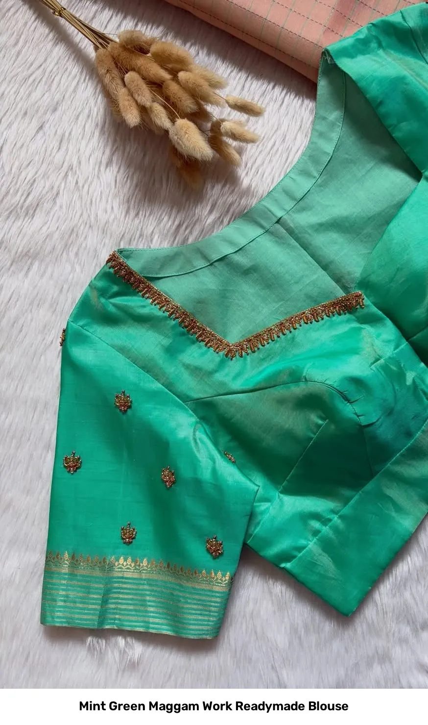 Mint Green Maggam Work Readymade Blouse 3