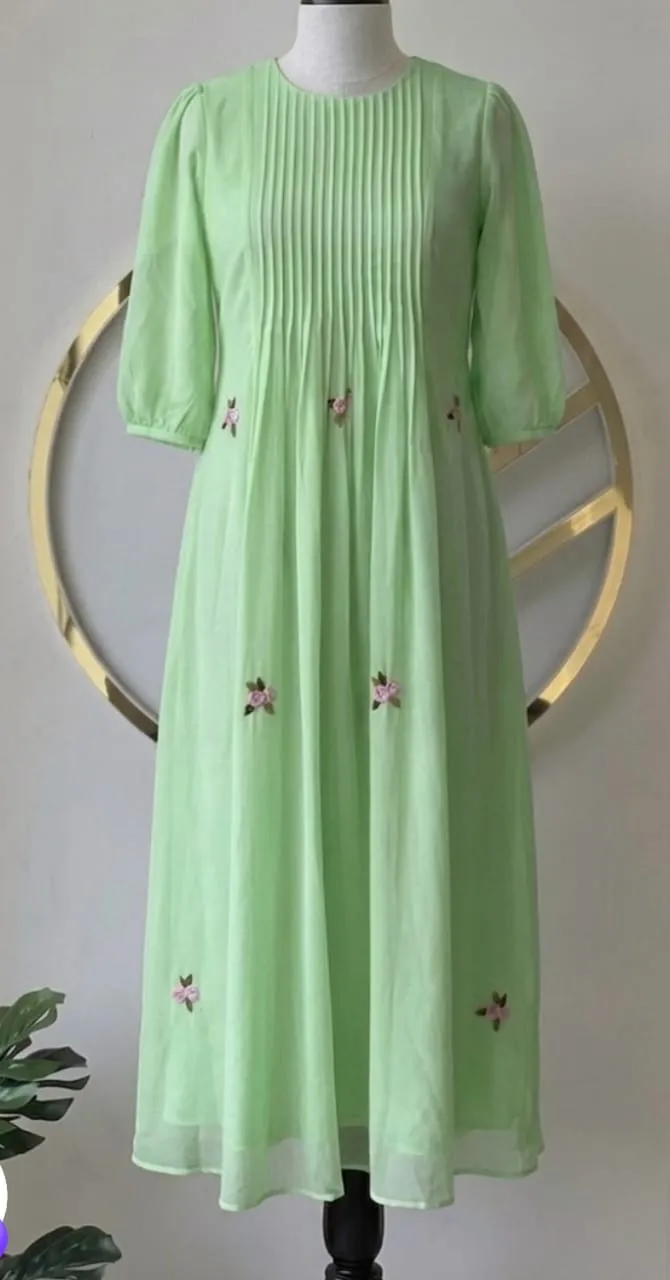 Mint Green Pleated Floral Embroidered Long Frock
