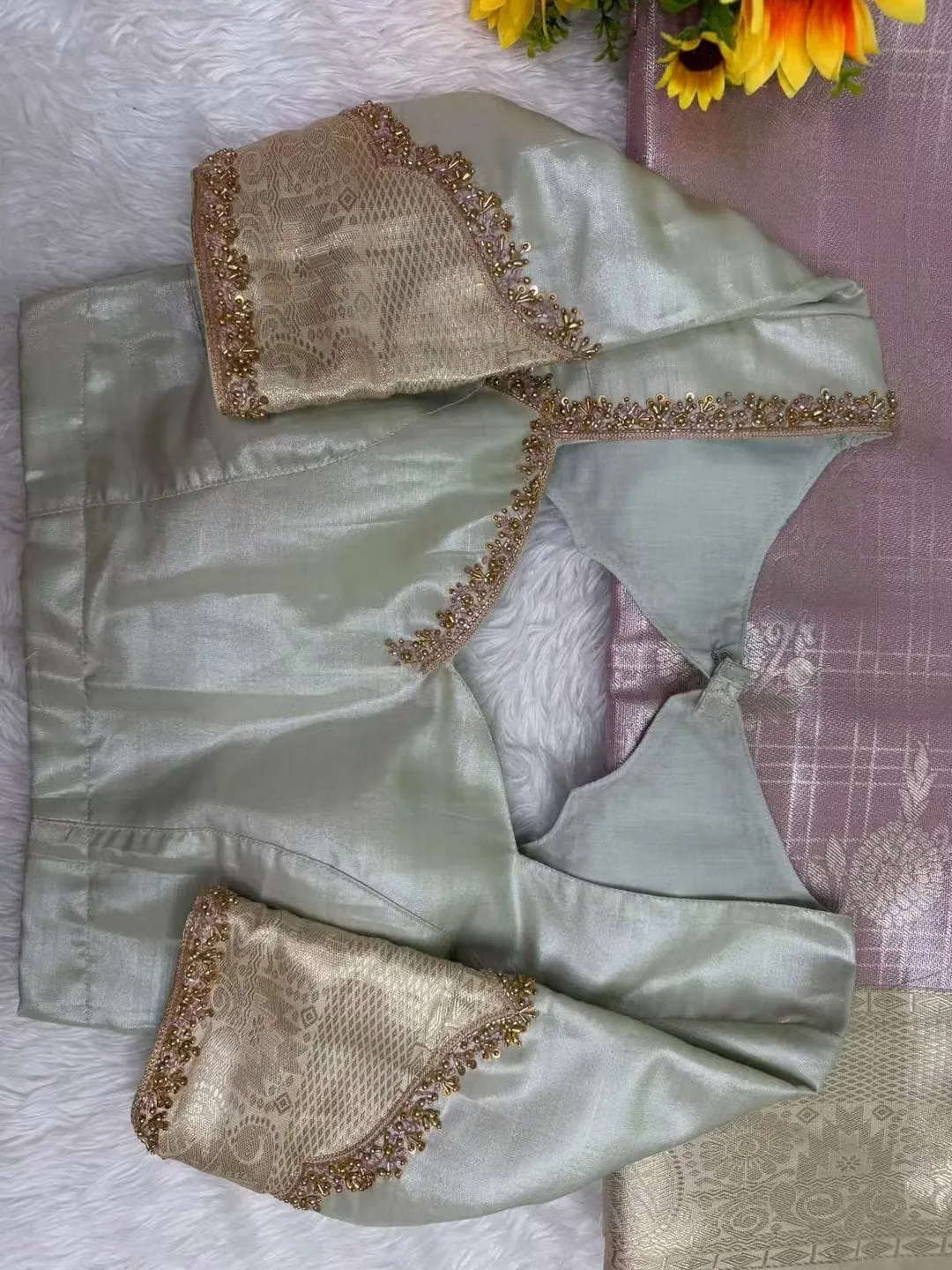 Mint Tissue Silk Cutout Back Maggam Work Blouse