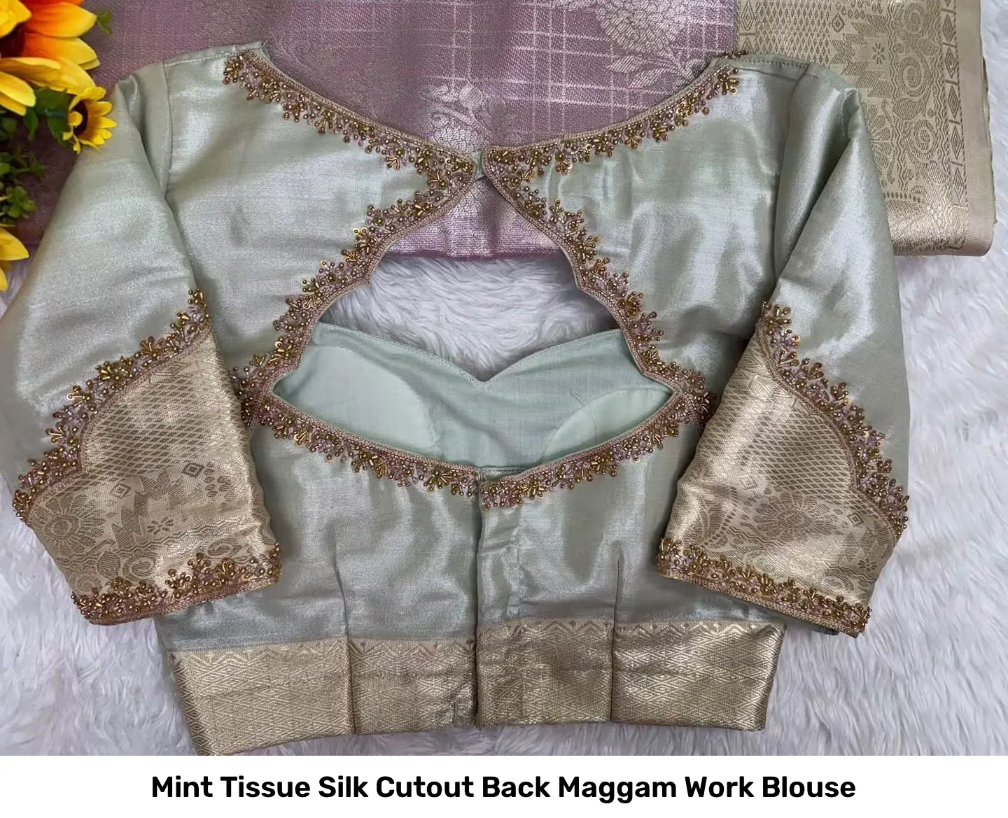 Mint Tissue Silk Cutout Back Maggam Work Blouse 3